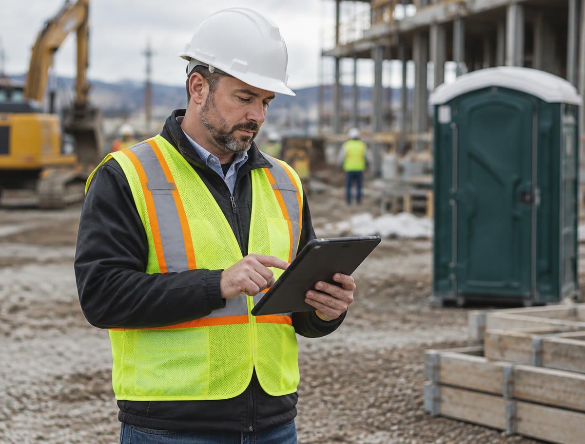 Site manager reviewing a service log on a construction site